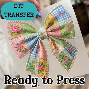 Coquette Bow DTF Transfer | Faux Patchwork Quilt Print, Spring Shirt Design
