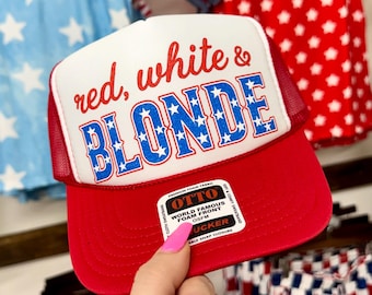 Red White & Blonde Trucker Hat, Fourth of July Hat, Country Girl Summer Cap