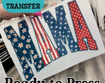 Patriotic Mama DTF Transfer, Red White Blue Floral Mom 4th of July Transfers, Ready to Press