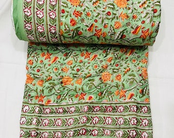 Hand Block Print Quilt, Floral Dark Green Jaipuri Throw