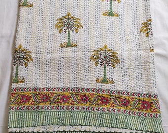 Indian New Beautiful Hand Block Kantha Quilt Bedspread Throw Handmade Bedsheet Queen Size Pure Cotton Kantha Quilt