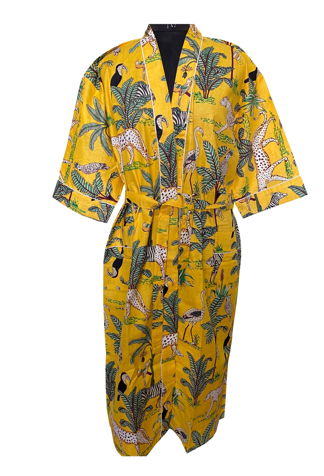 Ye Robe Yellow Block Printed Kimono Beach Wear Robe Bikini Cover Loungewear ...