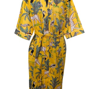 Yellow Block Printed Kimono Beach Wear Robe Bikini Cover Loungewear Wrap Dress House Coat Robe