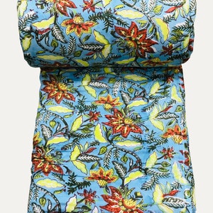 Reversible Jaipuri Razai Hand Block Printed Blue Quilt Light Light Weight Soft Fine Quilt Cotton Bed Quilt New Floral Print