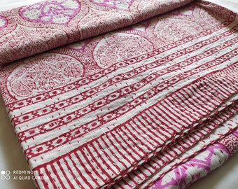 Handmade Block Print Kantha Quilt, King Size Cotton Bedspread