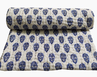 Solid Cotton Hand Stitched Kantha Quilt Handmade Cotton Queen Size Bedding Cover Blanket