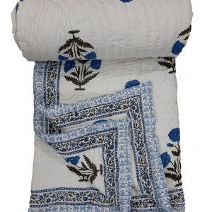 Edredón de invierno Jaipuri de algodón puro reversible con estampado floral en tonos azules encantados, hecho a mano, estampado en bloque, algodón suave