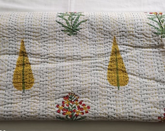 Queen Indian Hand Block Print Kantha Quilt Quilted Bed Cover Kantha Blanket Bedspread Kantha Coverlet Kantha Quilt Cotton Quilt