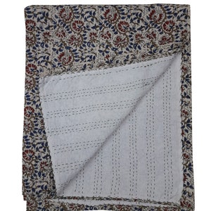Handmade Floral Kantha Quilt, Reversible Cotton Bedspread