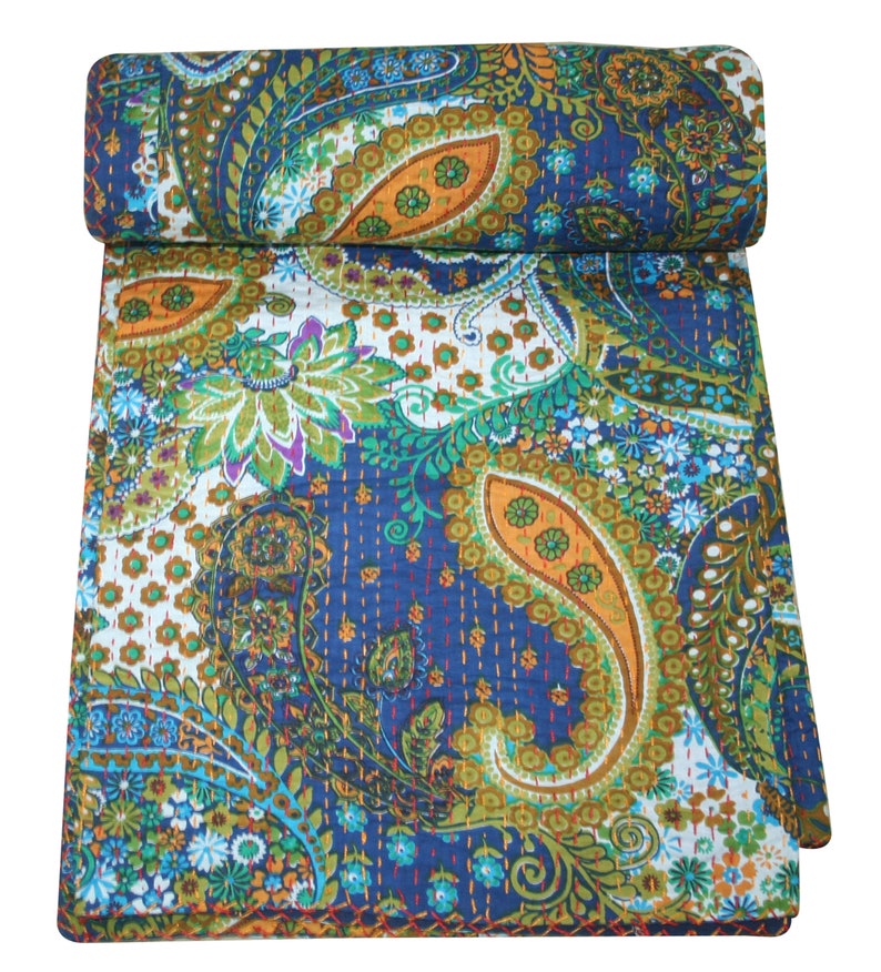 Indian Kantha Quilt Blue Paisley Reversible Bedspread Twin Blanket Throw Sofa Cover Bed Cover Kantha Bedspread