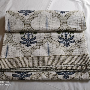 Hand Block Print Kantha Bed Cover, Reversible Quilted Blanket image 1