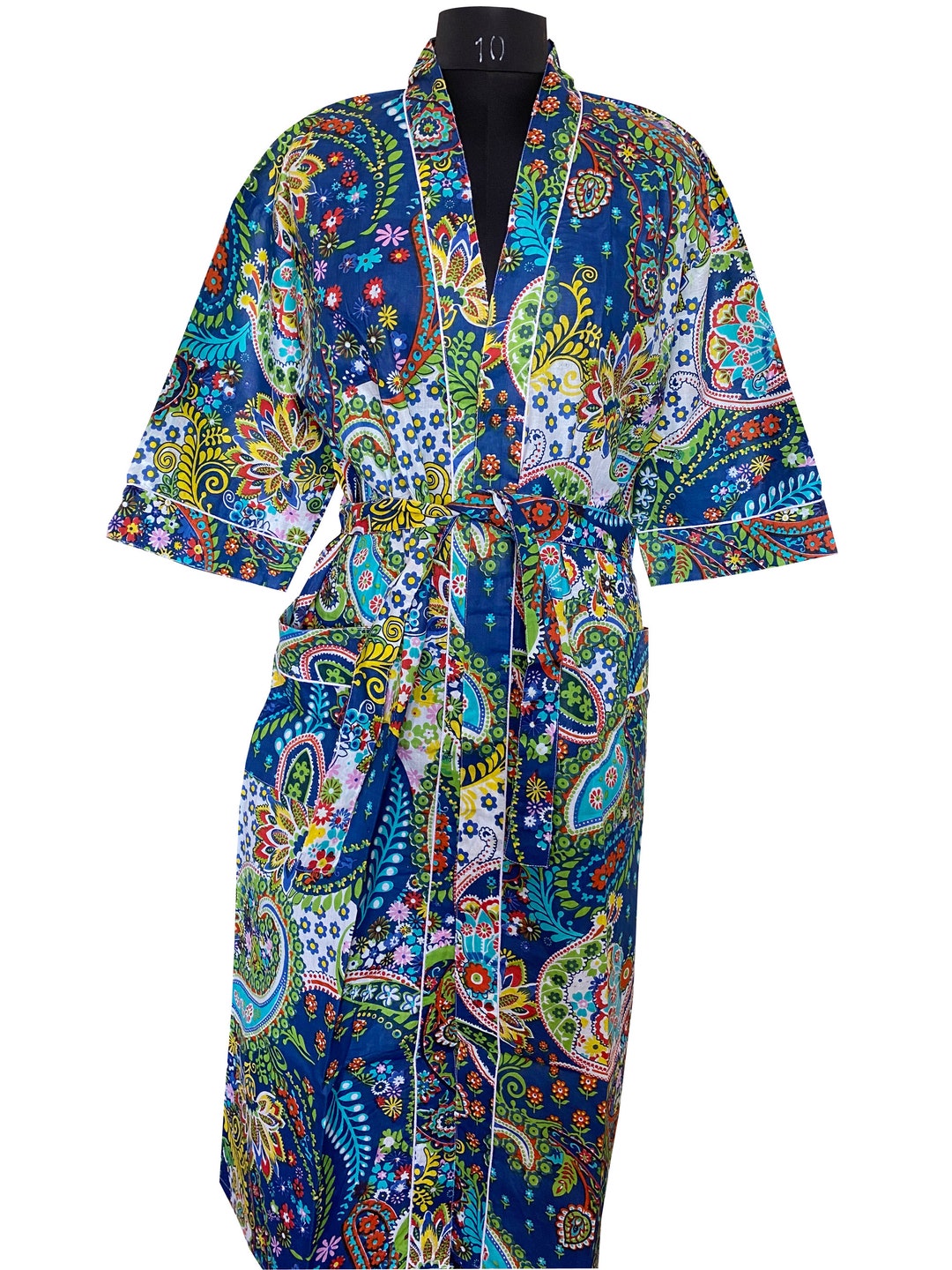 Blue 100% Cotton Indian Beach Kimono Robe Cotton Robe Shower Robe ...