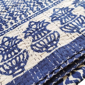 Blue Indigo Kantha Quilt Queen Size Hand Stitch Kantha Bed Cover Indian Bohemian Kantha Block Quilt Throw Blanket Bohemian kantha Bedspread