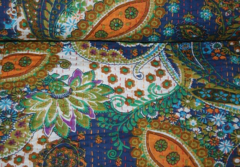 Indian Kantha Quilt Blue Paisley Reversible Bedspread Twin Blanket Throw Sofa Cover Bed Cover Kantha Bedspread