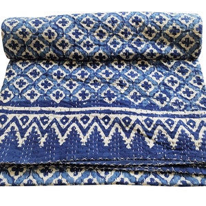 hand made pure kantha quilt vintage jaipuri quilt cotton kantha queen size indigo blue kantha bed cover hand blanket