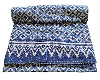 hand made pure kantha quilt vintage jaipuri quilt cotton kantha queen size indigo blue kantha bed cover hand blanket