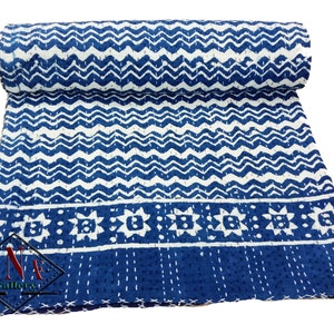 Indigo blue handmade zigzag print handmade kantha throw kantha quilt bedspread king size bed cover