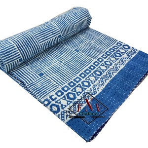 Reine Baumwolle Indigo Blau Kantha Bedruckte handgemachte Tagesdecke Kantha Quilt Bettbezug