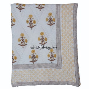 Yellow Indian Handmade Jaipuri Quilt Hand Block Printed Reversible Razai Cotton Handmade Quilt