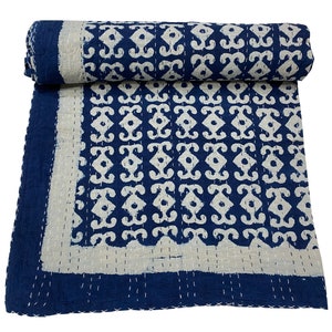 Indian Kantha Quilt King Size Kantha Quilt 100% Cotton Bedspread Blanket Throw Indigo Blue Floral Pattern Kantha Bedspread All Size