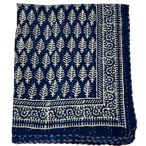 Indigo Handmade Cotton Kantha Quilts Hand Block Floral Print New Bedding Summer Winter Cotton Bedspread