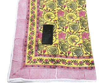 Indian Dohar Bedspread Comforter Jaipur Razai Handmade Floral Quilt Yellow Print Cotton Throw