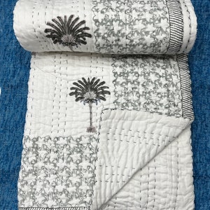 Handmade 100% Cotton Solid Color Padded Kantha Quilt Boho Coverlet Comforter Kantha Bedding Bohemian Bedspread Boho Quilt Kantha Quilt