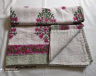 Handmade Floral Kantha Quilt, Reversible Cotton Bedspread Blanket