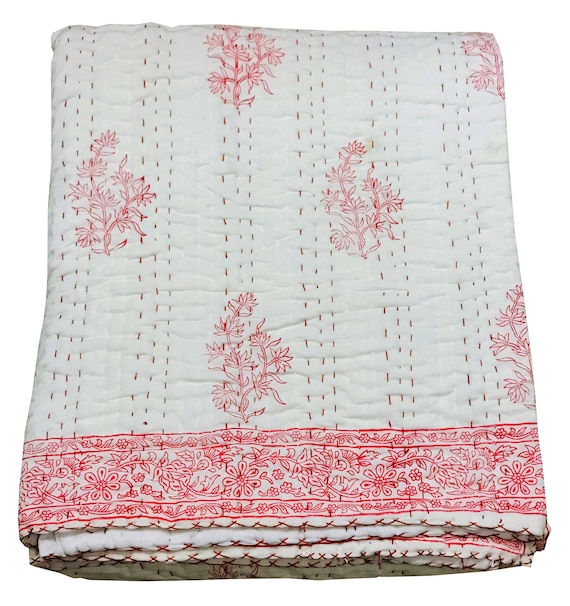 Hand Block Printed Kantha Quilt: Lightweight Indian Cotton