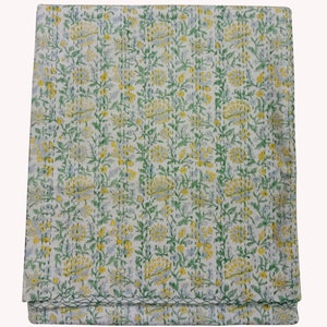 Green Floral Print Cotton Kantha Bed Cover HandBlock Print Kantha Bedding Kantha Throw Indian Handmade Kantha Quilt Gudari Soft Blanket Art