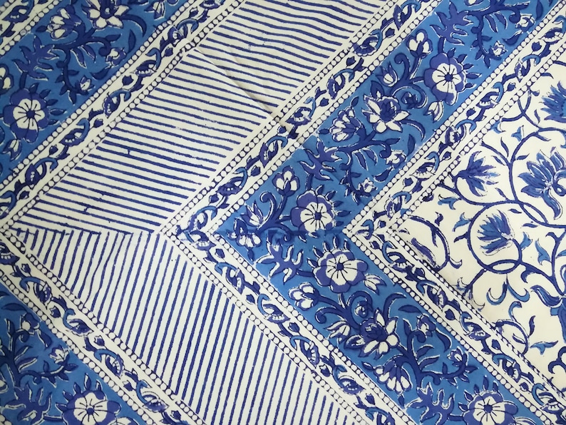 May include: A blue and white patterned textile featuring floral and striped designs. The fabric has a diagonal layout with alternating sections of stripes and floral motifs. The color palette includes shades of blue and white.