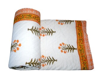 Hand Block Print Cotton Quilt: Jaipuri Floral Rajai Bedding Throw