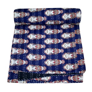 Blue Indigo Kantha Bedspread, Handmade Cotton Quilt (90x108)