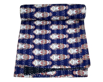 Colcha Kantha azul índigo, edredón de algodón hecho a mano (90x108)