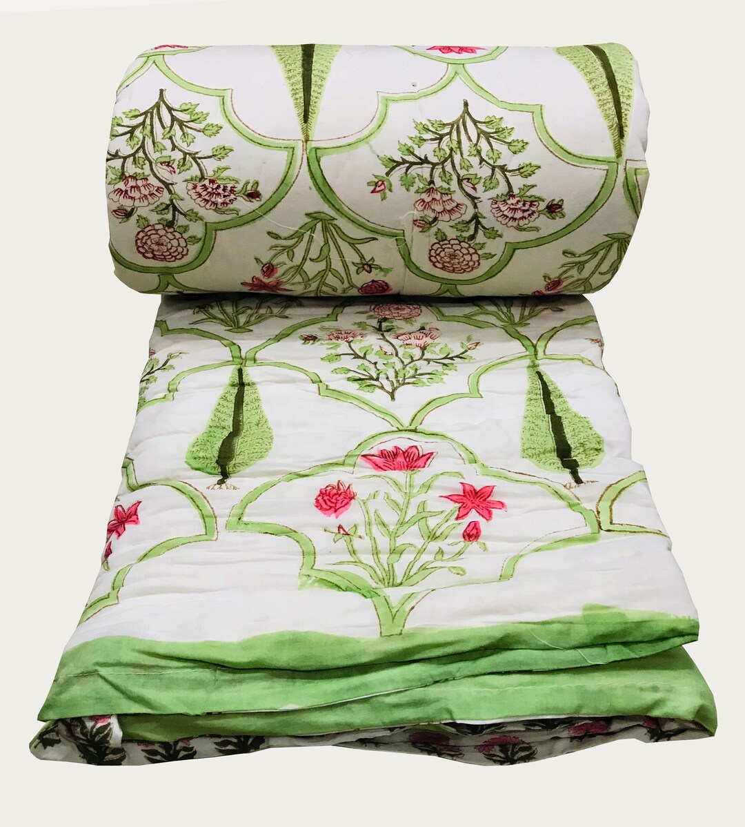 BLOCKS OF INDIA Hand Block Printed Super King Cotton Bedsheet Set - 200 TC, 106x106 Inches, Green Tree