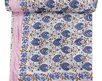 Katoenen kingsize sprei met handdruk: omkeerbare gebloemde doharquilt