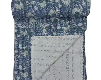 Floral Print Kantha Quilt: Indian Cotton Bedspread Blanket (90x108 Inch)
