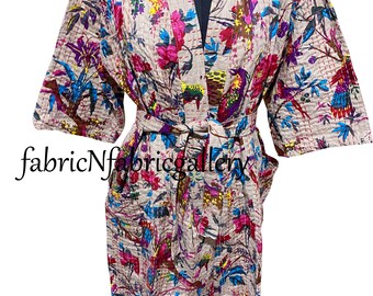 Handmade Cotton Kantha Kimono Robe: Boho Quilted Jacket