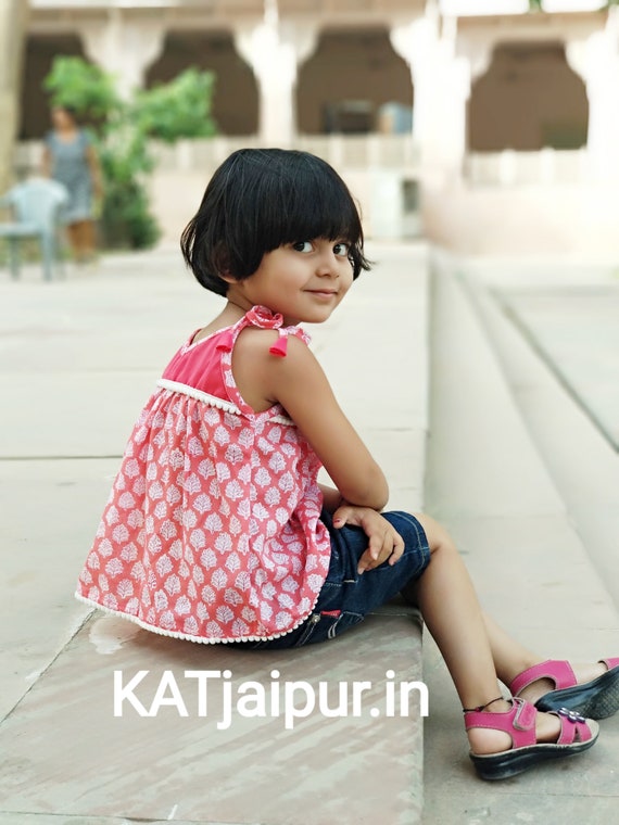 New Indian Kids Baby Girl Block Print Dress Kids Party Wedding Short Dress Floral Print Jaipuri Print