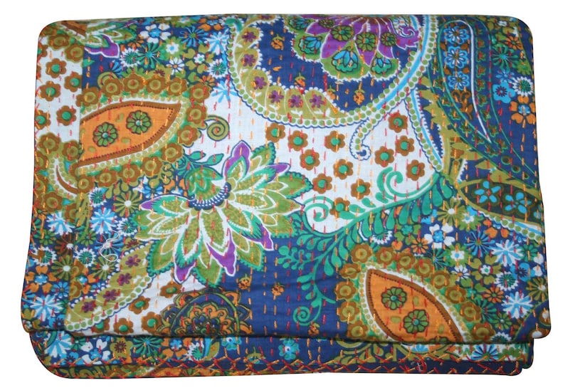 Indian Kantha Quilt Blue Paisley Reversible Bedspread Twin Blanket Throw Sofa Cover Bed Cover Kantha Bedspread