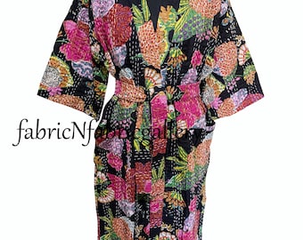 Handmade Floral Kantha Kimono Robe, Cotton Quilted Jacket