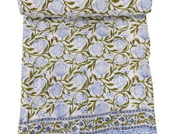 Hand Block Print Cotton Kantha Quilt - Reversible Indian Blanket Throw