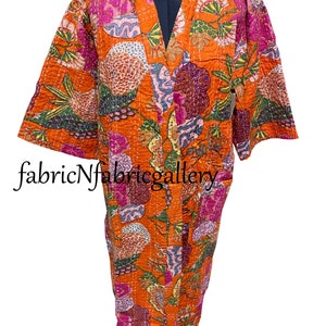 Indian Handmade Kantha Quilt Jacket Kimono Women Wear Boho Orange Color Front Open Quilted Jcket