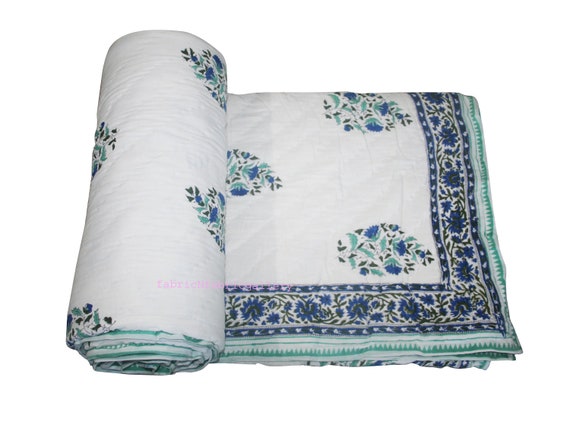 New Palm Print Tree Kantha Quilt Handmade Blanket Throw Rajai Block PrintQuilt