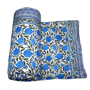 Edredón con estampado floral azul a mano, hermoso edredón decorativo para habitación, edredón hecho a mano, edredón, kantha, edredón