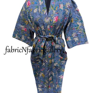 kantha quilted short kimono jacket front open chokri quilt boho blue new style vintage