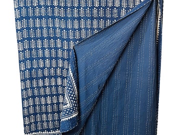 Indigo Handmade Baumwolle Kantha Quilt Blau Handblock Baumwolle Kantha werfen New Blue Print