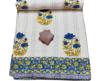 New Kantha Handmade Quilt King Size Bed Cover Blocked Print