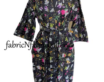 Ręcznie robiony bawełniany szlafrok Kantha: indyjski kimono, pikowany styl boho