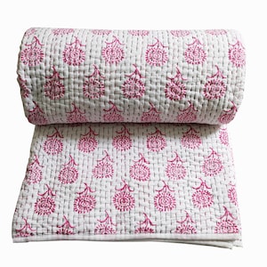 Indian Solid Kantha Quilt Pink Handmade Quilt, Jaipuri Quilt Soft Cotton Filling Razai Kantha Quilt